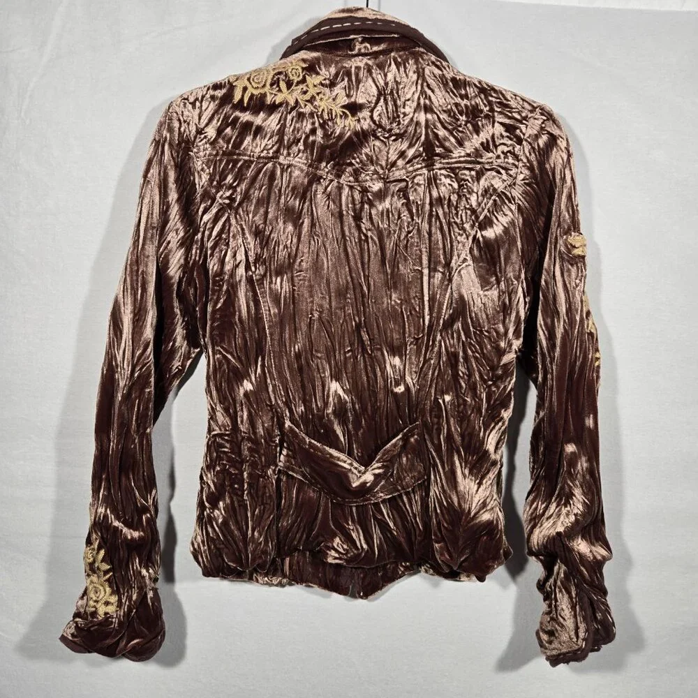 Vintage SURREALIST Steampunk Y2K Crinkled Velvet Embroidery Brown Jacket Size 2. - Picture 3 of 14
